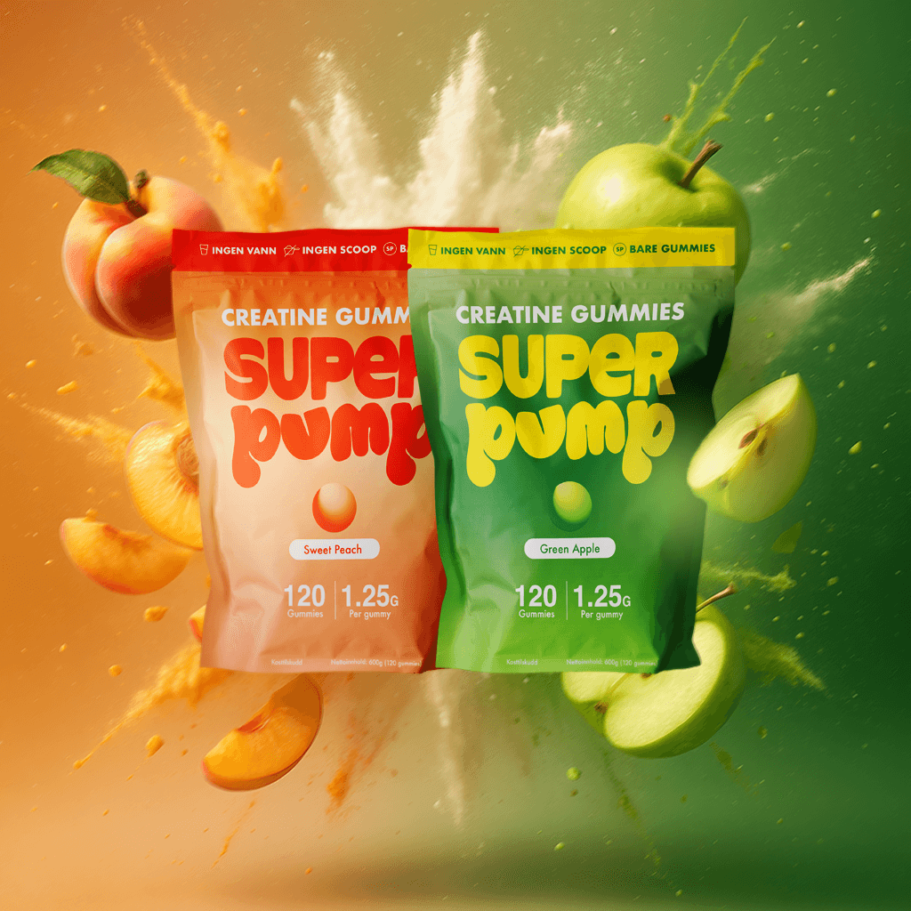 Kreatin Gummies Super Pump bags in Sweet Peach and Green Apple flavors, featuring 120 gummies each.